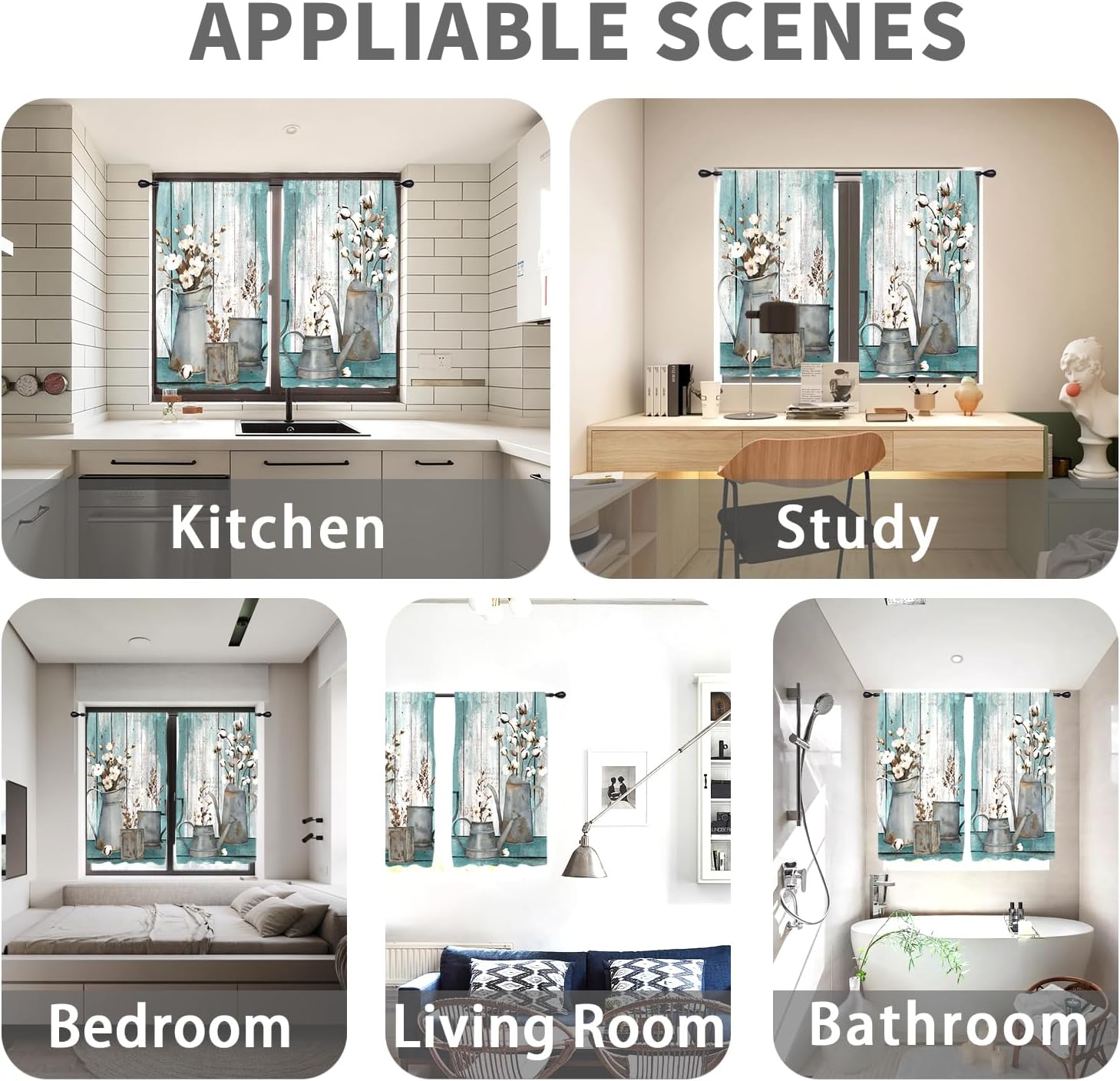 Farmhouse Teal Curtains Floral Turquoise Aqua Flower Rustic Vintage Retro Country Antique Art 42W x 63L Inches Rod Pocket for Bedroom Living Dining Room Window Drapes Treatment Fabric 2 Panels