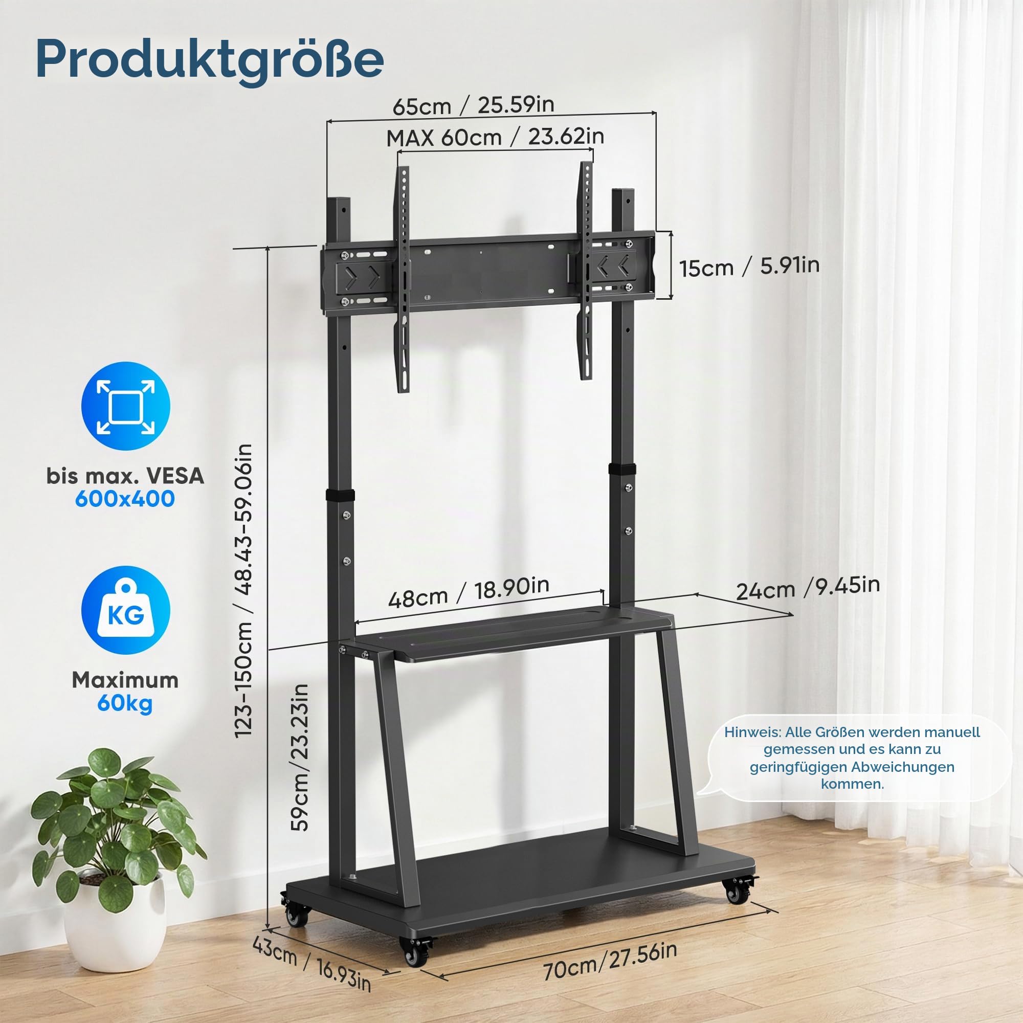 TV Ständer mit Rollen, Mobiler Fernsehtisch für 40-70 Zoll, Höhenverstellbar 123-155 cm, aus Metall für Wohnzimmer Büro, bis max. VESA 600x400, 155x70x43cm
