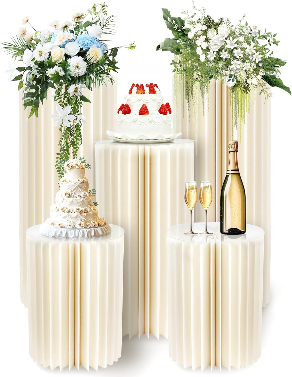 5 Pcs Foldable White Cylinder Stands for Party, 31.5", 23.6", 15.7" Height Portable Cake Pedestal Stand with Clear Acrylic Plate, Cake Cylinder Stand for Wedding Banquet Decor