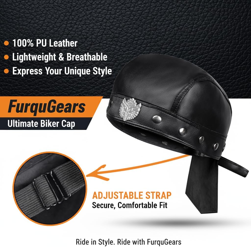 Leather Doo Rag Adjustable Biker Hats Headwrap Cycling Bandana Skull Cap for Men & Women - Image 2