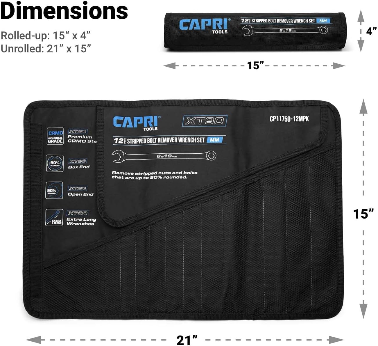 Capri Tools Wrench Roll Up Pouch for Extra-Long Wrenches, Deep Pockets