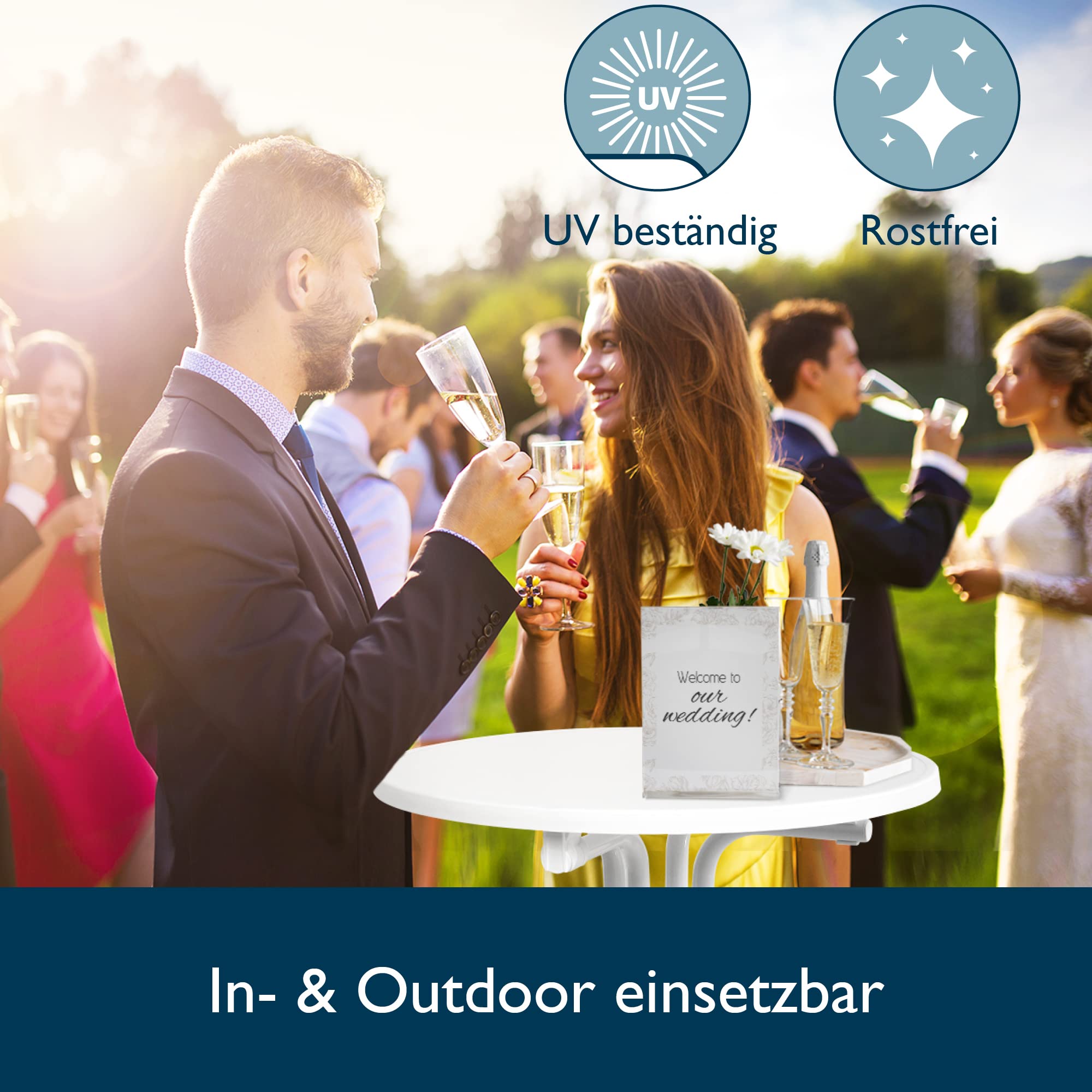 Beautissu Stehtisch Klappbar 80 cm Sylt – Stehtisch Outdoor Höhenverstellbar Hitze- & Wetterbeständig leichte Montage TÜV – Klapptisch Partytisch Kratzfest Bartisch Bistrotisch Outdoor Rund Weiß
