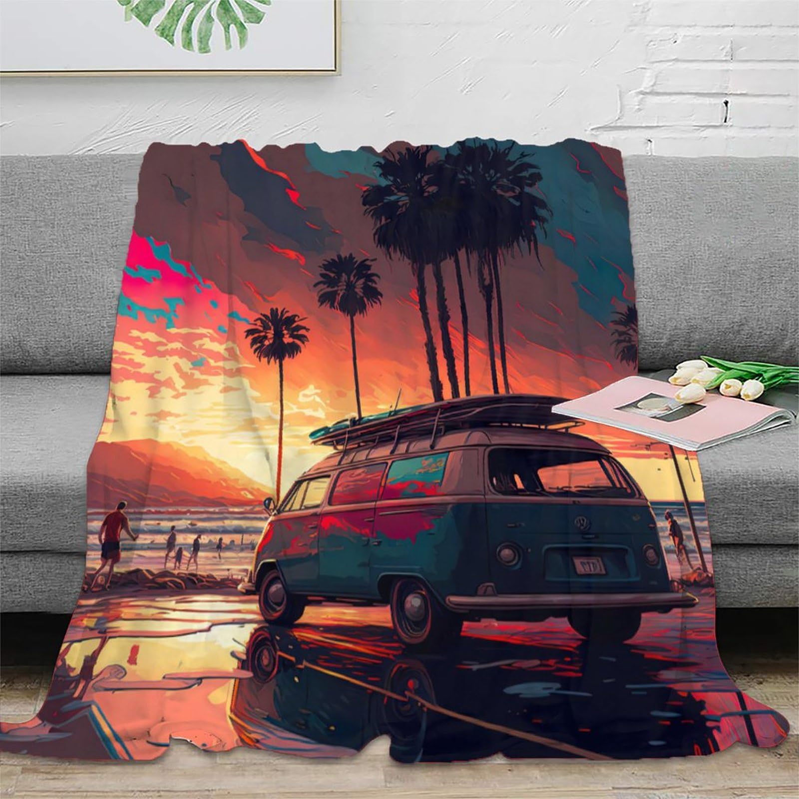 Couverture microfibre anti-bouloche 3D beach van et plaid de salon vintage