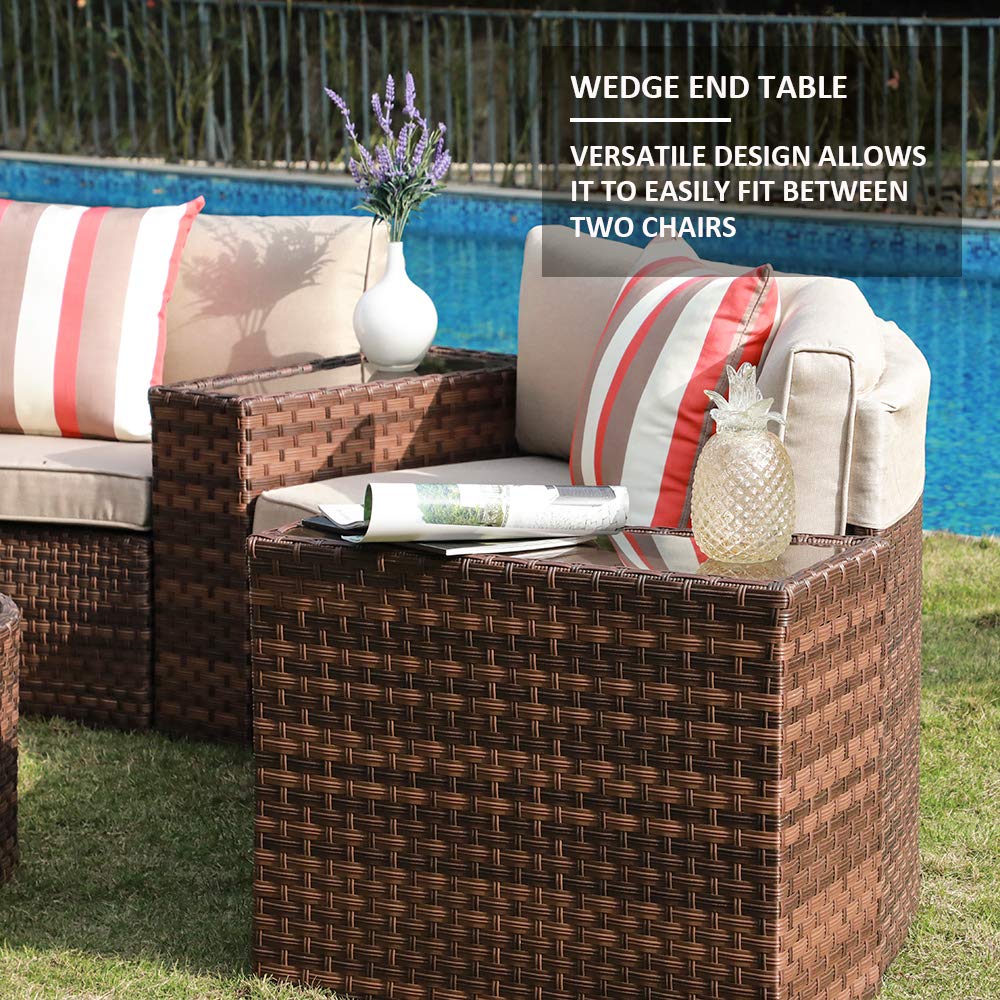 7-Piece Outdoor Half-Moon Curved Patio Sectional Sofa Set | with 2 Glass Top Wedge Side Tables Windproof Slip-Over Beige Cushions All-Weather Brown PE Wicker for Backyard Deck product thumbnail 8