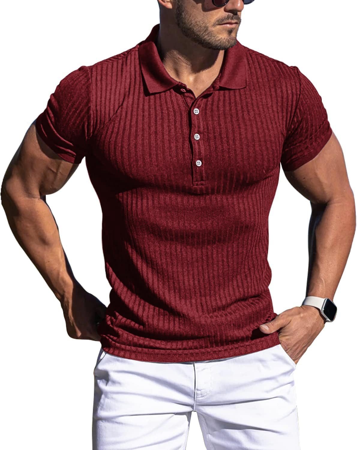 Collared Muscle Polo Shirts Men Slim Fit Textured Knit Polo Shirts Short Sleeve Button Down Shirts Casual Stylish