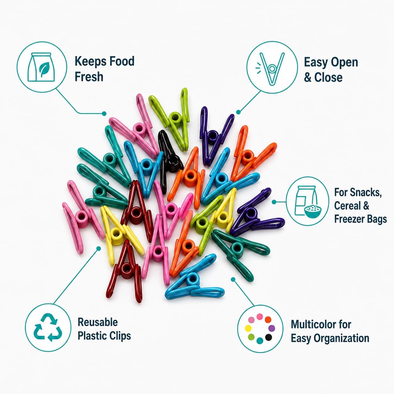 Chip Clips Bag 30 Pack – Heavy Duty Food Storage Sealing Clamps for Snack Bags & Bread – Multicolor Plastic Food Clips with Strong Spring Grip – Kitchen Organization Bag Sealer