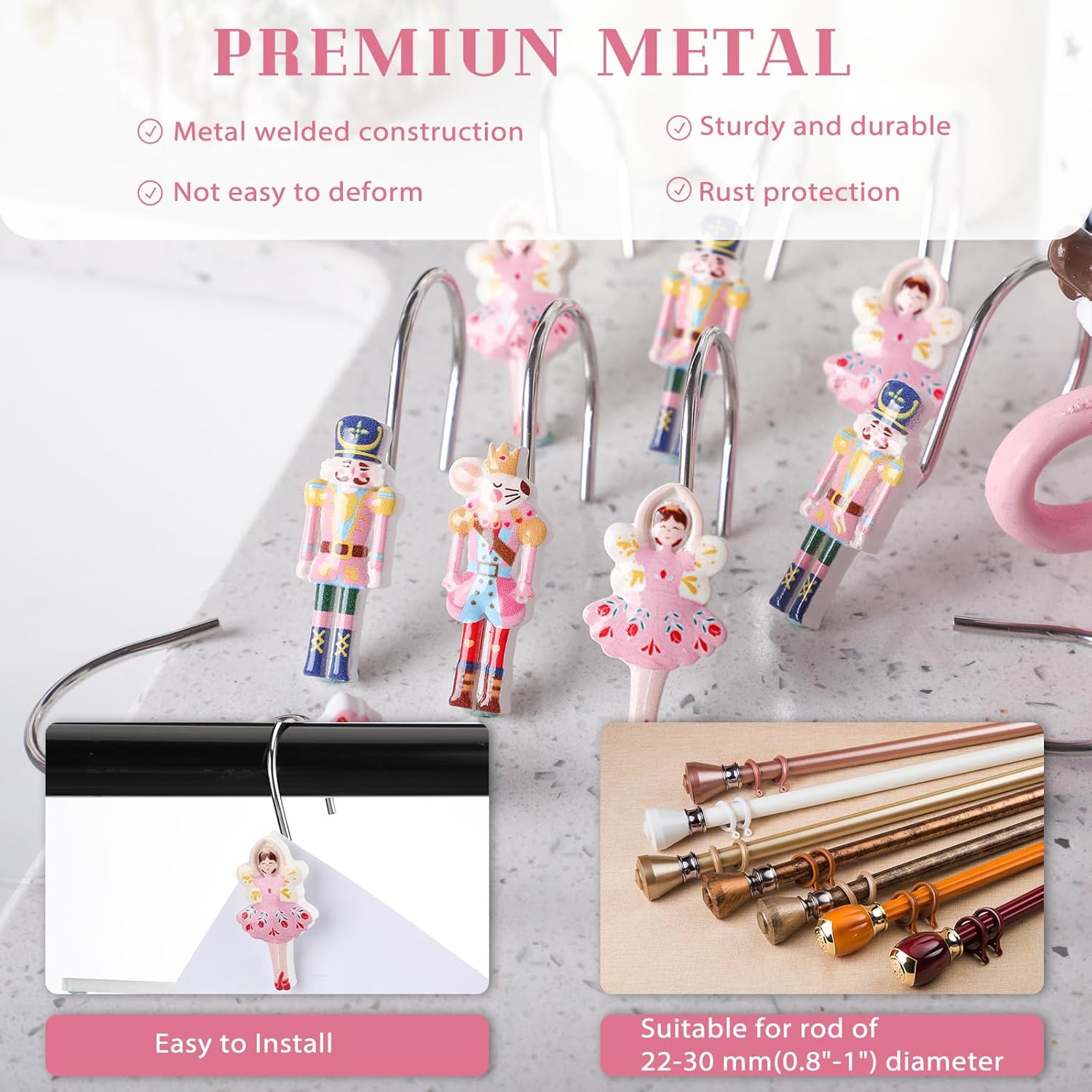 12 Pcs Christmas Nutcracker Shower Curtain Hooks Xmas Pink Nutcracker Shower Curtain Hooks Holiday Bathroom Rust Resistant Decor Rings for Winter Bathroom Bedroom Farmhouse Decorations
