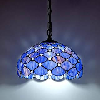 Tiffany Style Stained Glass Pendant Light Plug in, 12" Wide Pearlescent Design Hanging Lamp, 60 Inch Chain 15 Feet Cord Living Dining Room Bedroom Kitchen Home Office (Deep Blue)