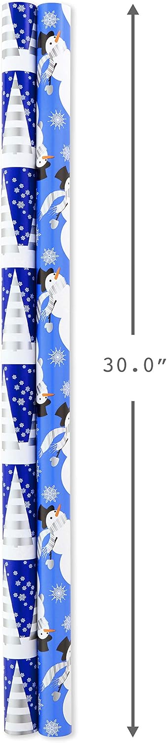 Hallmark Holiday Reversible Wrapping Paper Bundle, Blue and Silver (Pack of 2, 60 sq. ft. ttl) Snowmen, Snowflakes, Christmas Trees