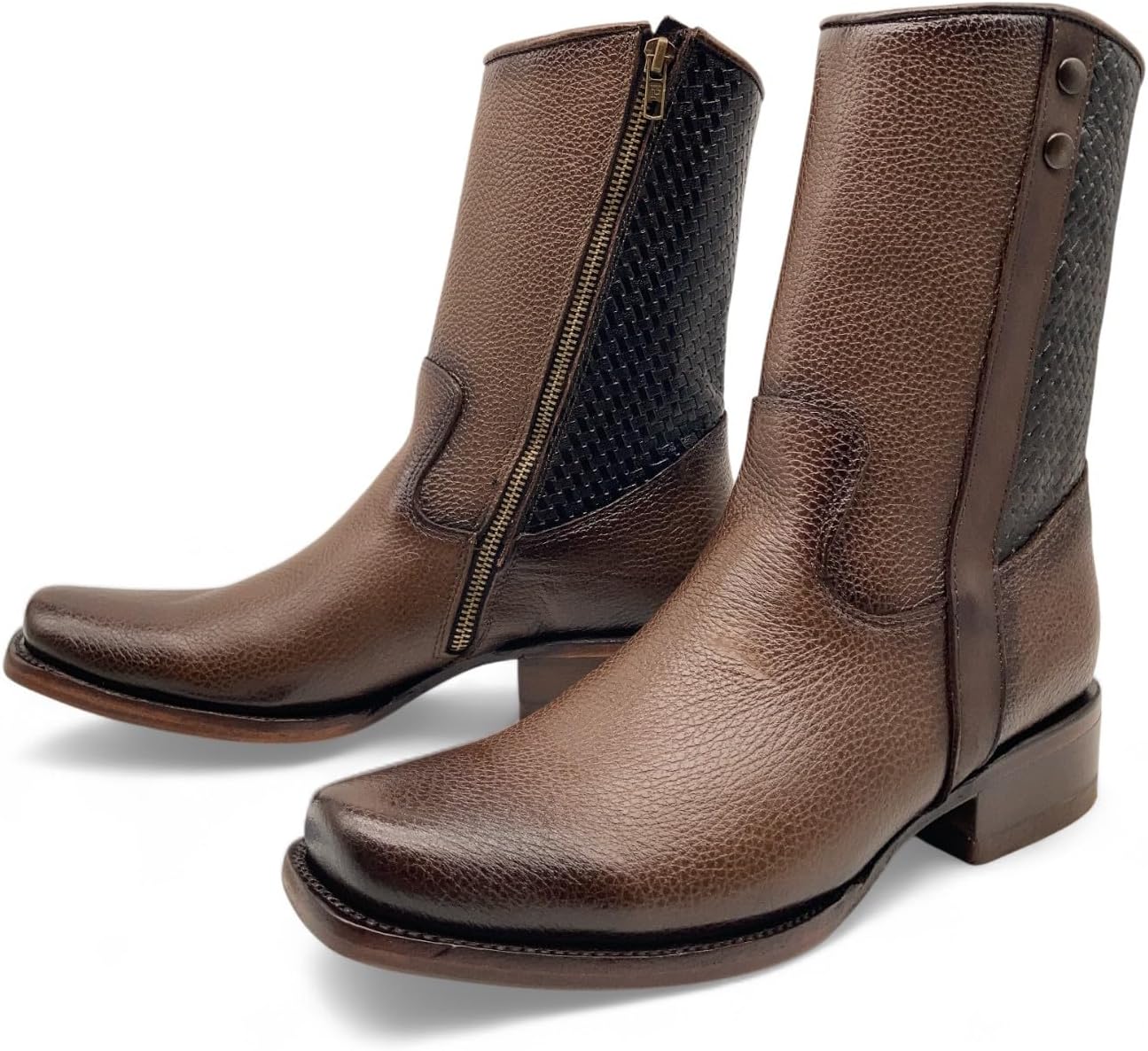 Men’s Genuine Leather Midcalf Western Cowboy Boot, With Side Zipper, Square Toe