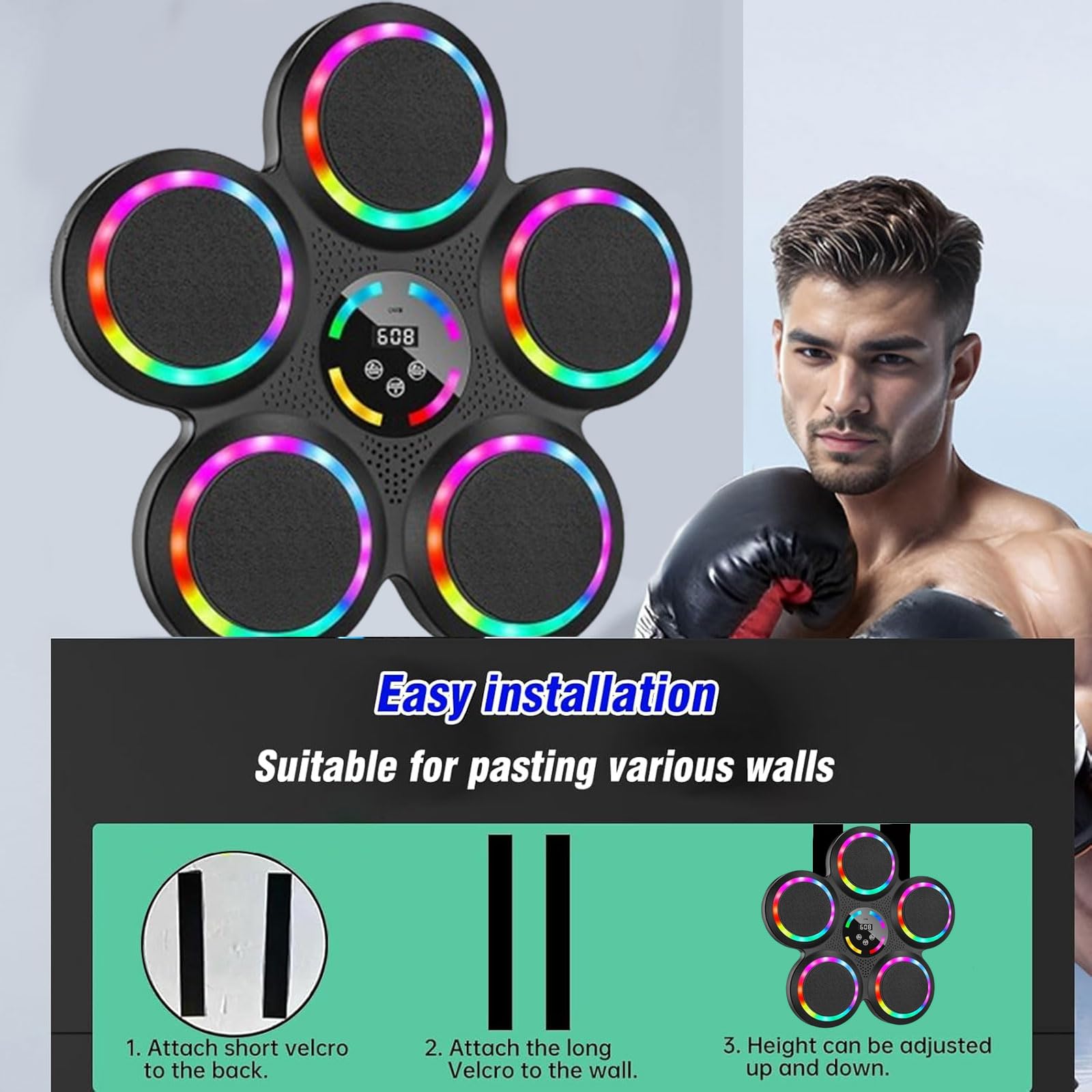 Music Boxing Machine Kocusu Con Bluetooth - Punching Ball Regolabile Con Luci Per Casa - Foto 3