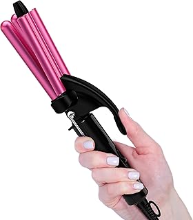 FARERY Crimper Hair Iron 1/2 Inch, Mini for Women Beach Waves, Waver 3 Barrel Curling with Keratin&Argan Oil Infused, Dual Voltage, Pouch Bag, Hot Pink, 0.49 pounds