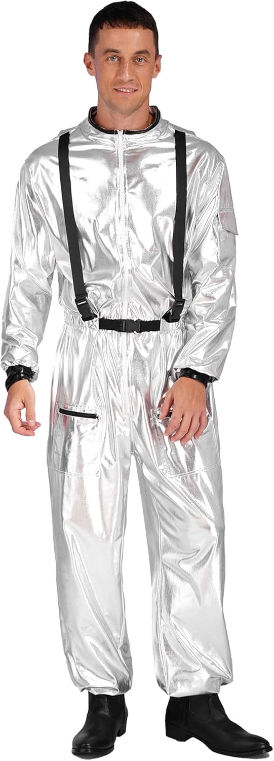Adult Astronaut Spaceman Costume Shiny Metallic Space Suit Jumpsuit Halloween Role Play Costume