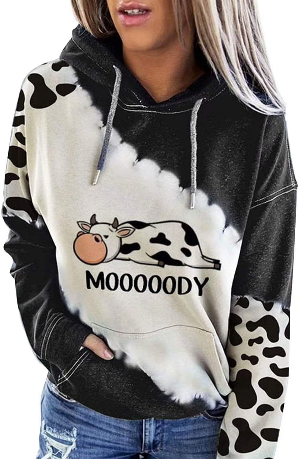 Moody Cow Hoodie for Women, Womens Casual Long Sleeve Tie Dye Cute Cow Print Hoodie Sweatshirt Pullover Top with Pockets