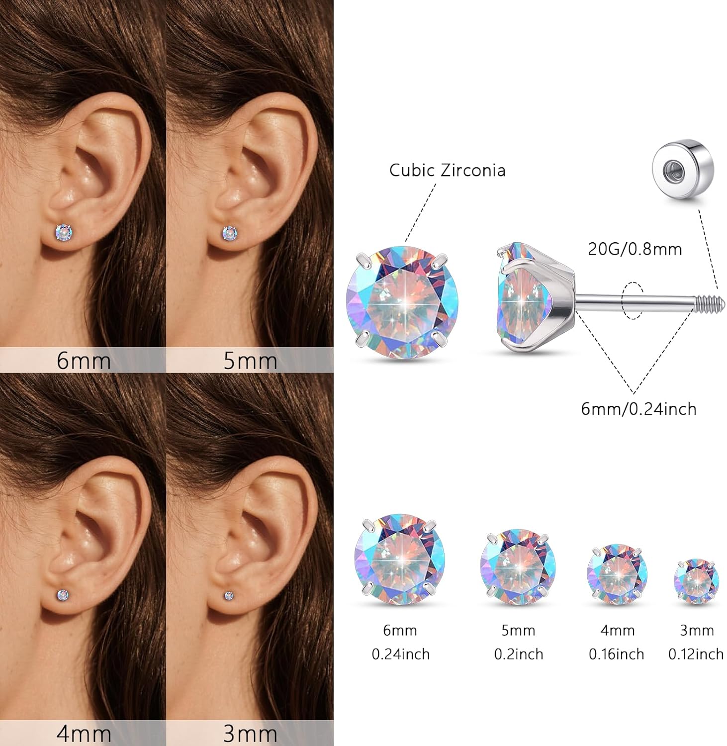 limerencia 4 Pairs G23 Hypoallergenic Flat Back Titanium Earrings Set for Women Men,20G 3-6mm Screw Back Cubic Zirconia Studs Cartilage Earrings for Sensitive Ears - Image 3
