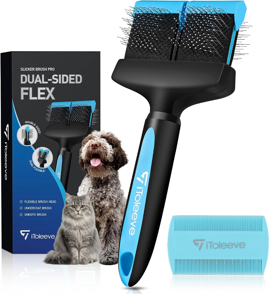 iToleeve Dual Flexible Head Slicker Brush, Round Tipped Pins, Double Sided | For Dogs and Cats, Grooming Tool Removes Loose Undercoat, Helps Reduce Shedding, and Detangles Knots and Tangles