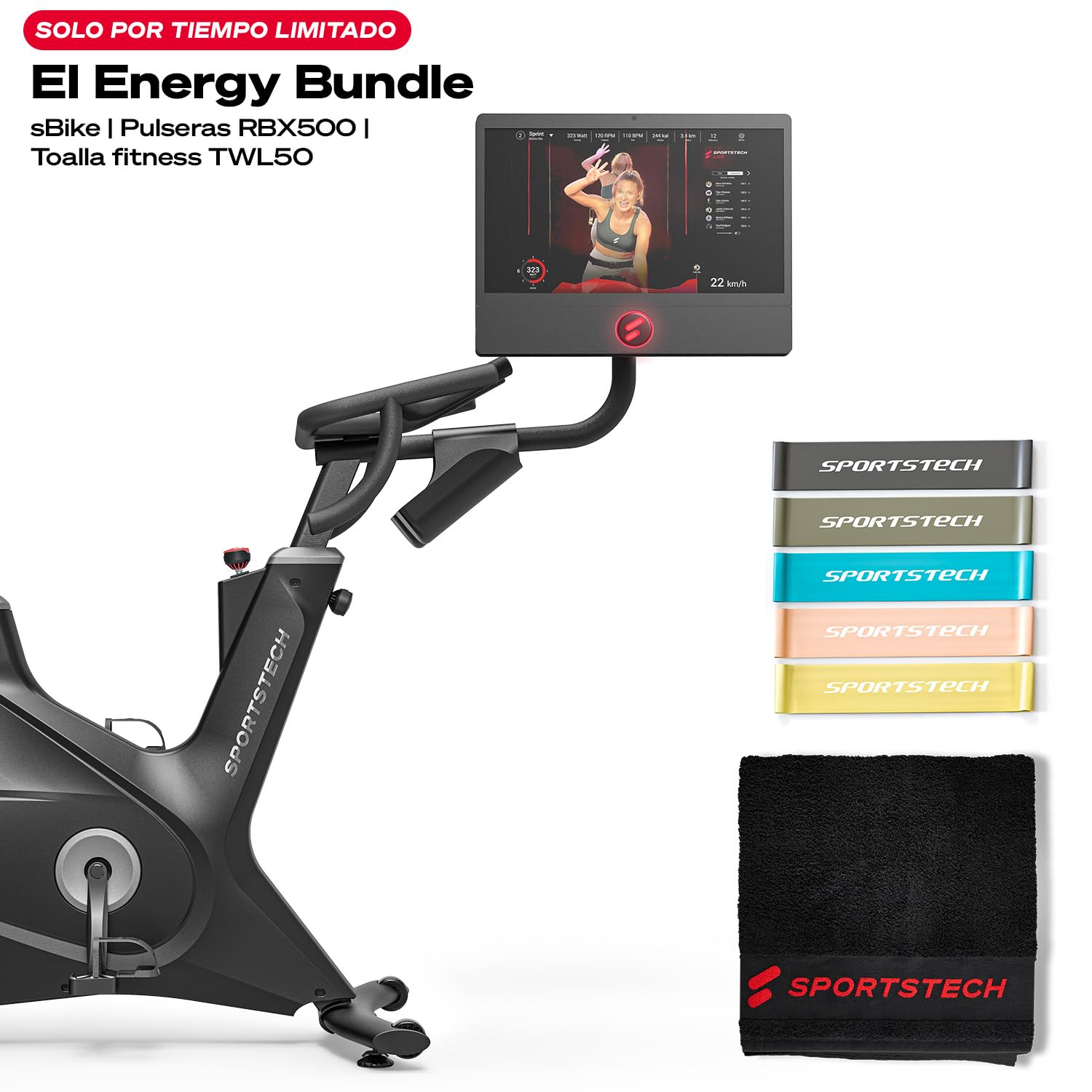 Sportstech - sBike Bicicleta Estatica, Interior Bicicleta Spinning, Bici Estatica con Pantalla Táctil de 21,5", Bicicleta Estática con Tecnología LED Para Entrenamientos de Cuerpo Entero