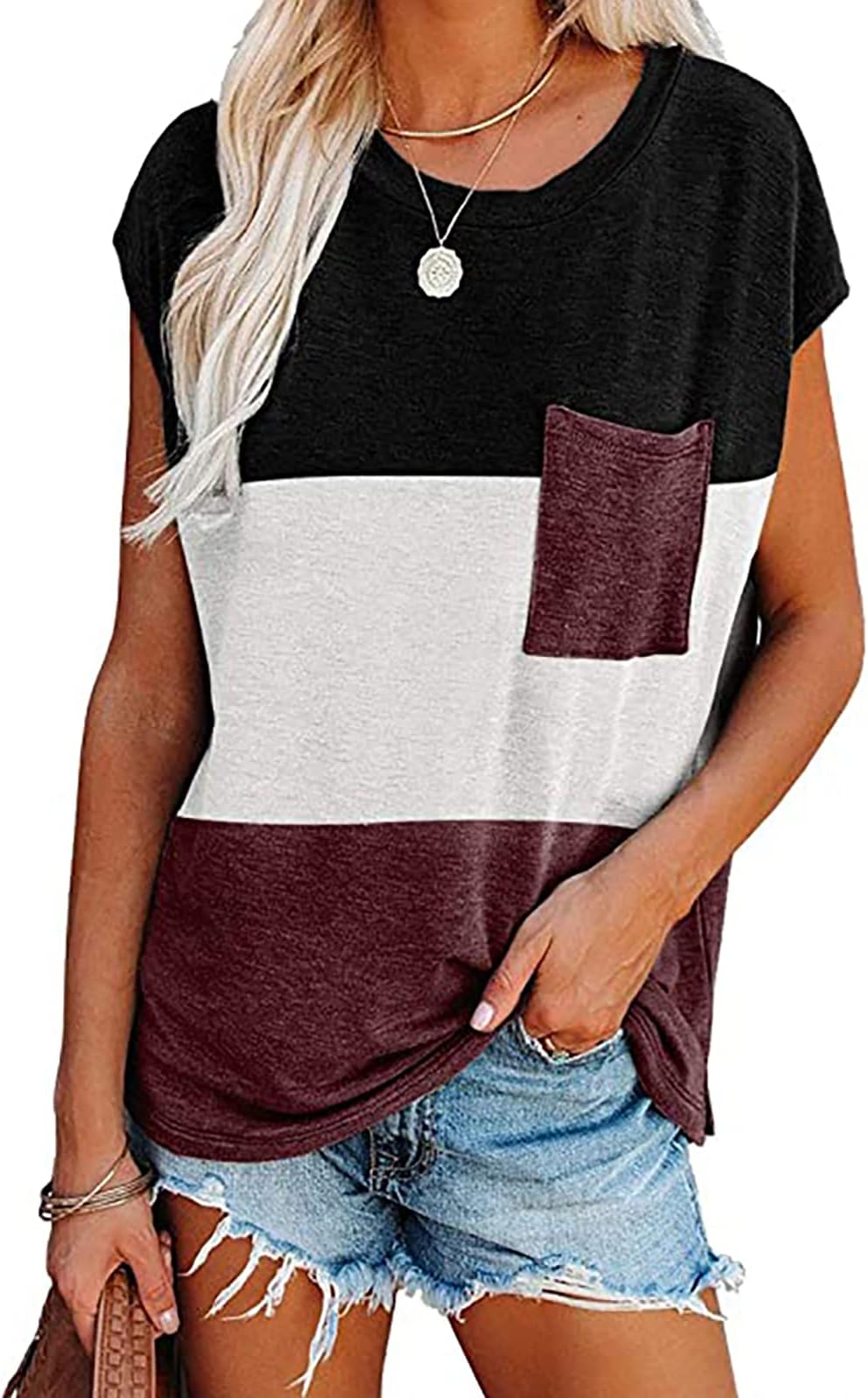 Womens Summer Short Sleeve T-Shirt Crewneck Basic Loose Tee Casual Color Block Blouse with Pocket