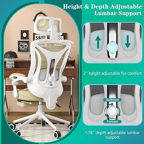 Miniatura 4 de Silla de oficina ergonómica, lumbar y reposacabezas ajustables, reclinable de 90-160 con reposapiés, respaldo de malla transpirable, silla de