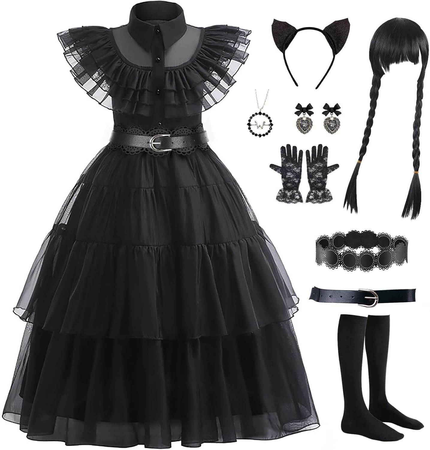 Black Costume Dress Kids Girls Black Cosplay Halloween Party Dress Up Gothic Costume with Accessories