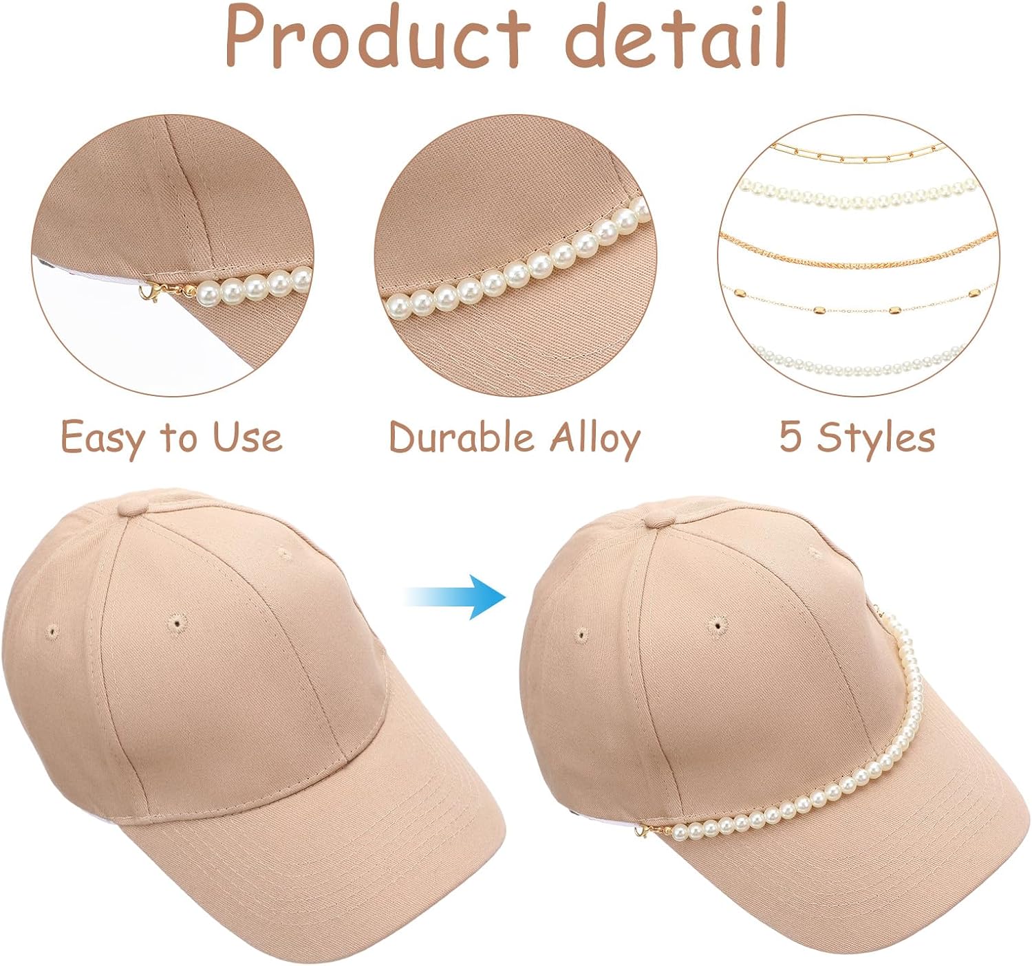 5 PCS Trucker Hat Chains Detachable Gold Pearl Hat Chains DIY Mesh Baseball Cap Accessories for Women Men Metal - Image 4