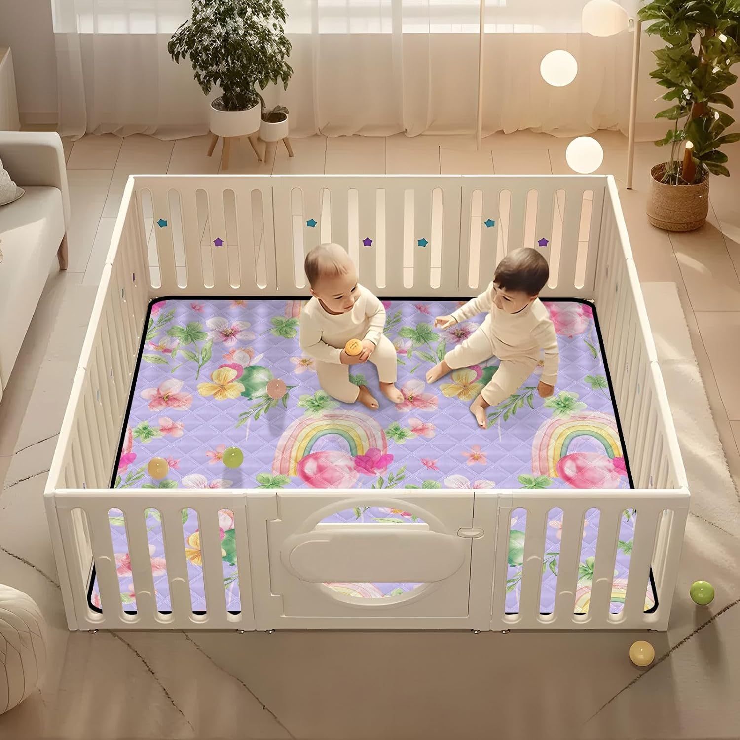 Watercolor Rainbow and Flower Baby Play Mat, 50“ X 50” Washable Folding Crawling Mat, Baby Floor Mat, Soft, Non-Slip