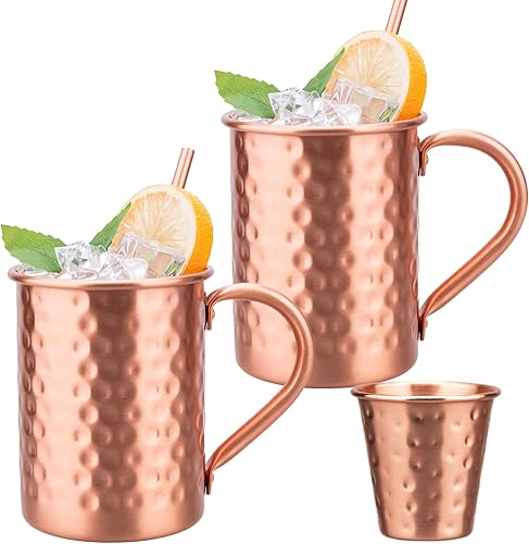 Miniatura 10 de Juego de 2 tazas de cobre 100% puro, tazas Moscow Mule con asa, taza de cobre para beber en frío, taza con acabado martillado a mano, regalos