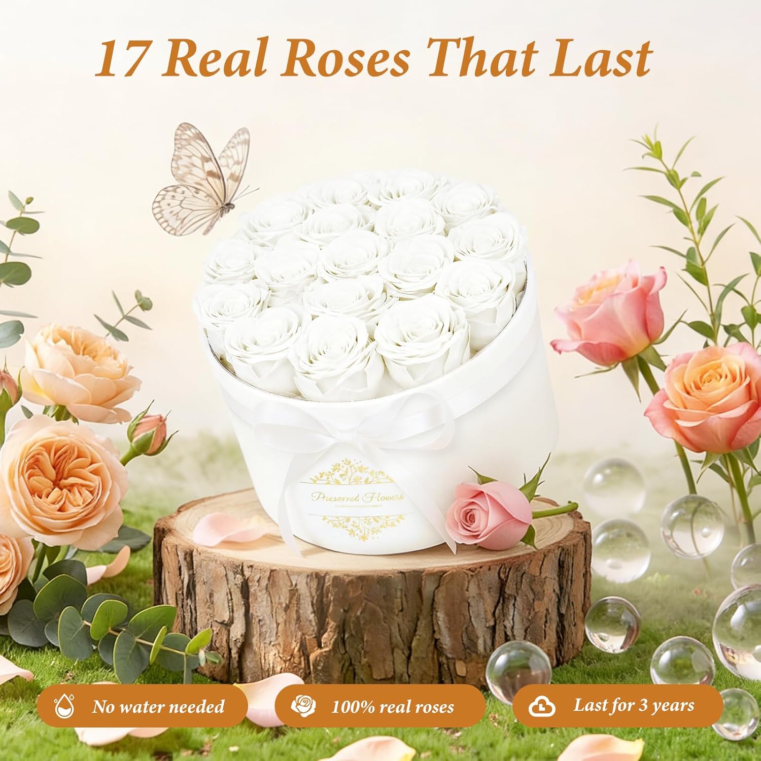 17 Forever Flowers in a Luxury Suede Box, Preserved Roses Birthday Gifts for Women, Romantic Anniversary Valentines Day Gifts for Her Girlfriend Wife, White - Image 3