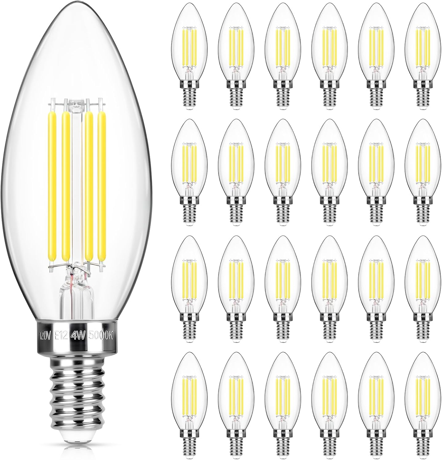 MAXvolador E12 LED Candelabra Bulb 40W Equivalent, 500LM Chandelier Light Bulb, Daylight White 5000K, B11 Filament Clear Glass Candle Base Light Non-Dimmable, 24 Pack