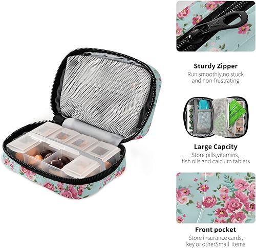 Miniatura 4 de Naanle Pastillero de flores de rosas de acuarela para 7 días, bolsa organizadora de píldoras de viaje con cremallera, funda semanal portátil floral,