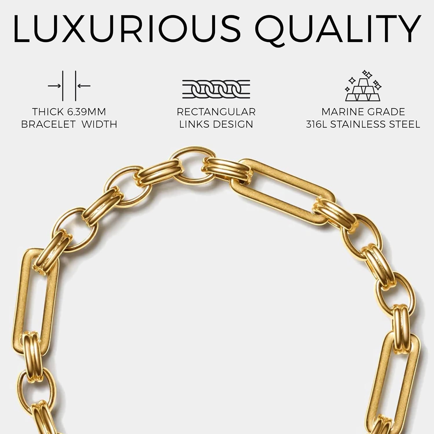 Elegatto Catena Premium 18K Gold Plated Chain Bracelet for Men & Women| Rectangular Link Stainless Steel with Seamless Hinge Clasp | Unisex Designer Jewelry
