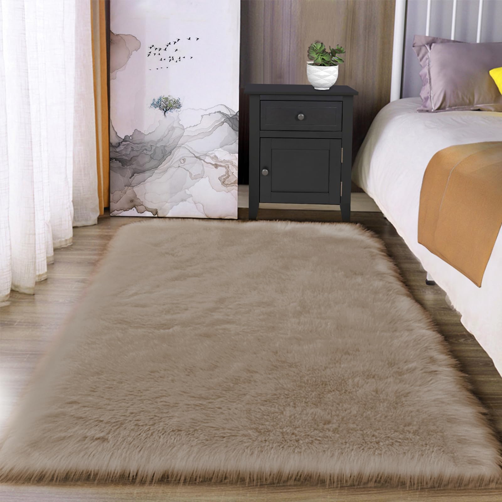 Latepis Alfombra para dormitorio, alfombra de cama para salón, sofá, decoración, color marrón claro, beis, 90 x 150 cm, de pelo sintético, mullida, lavable, alfombra de pelo largo, alfombra Shaggy