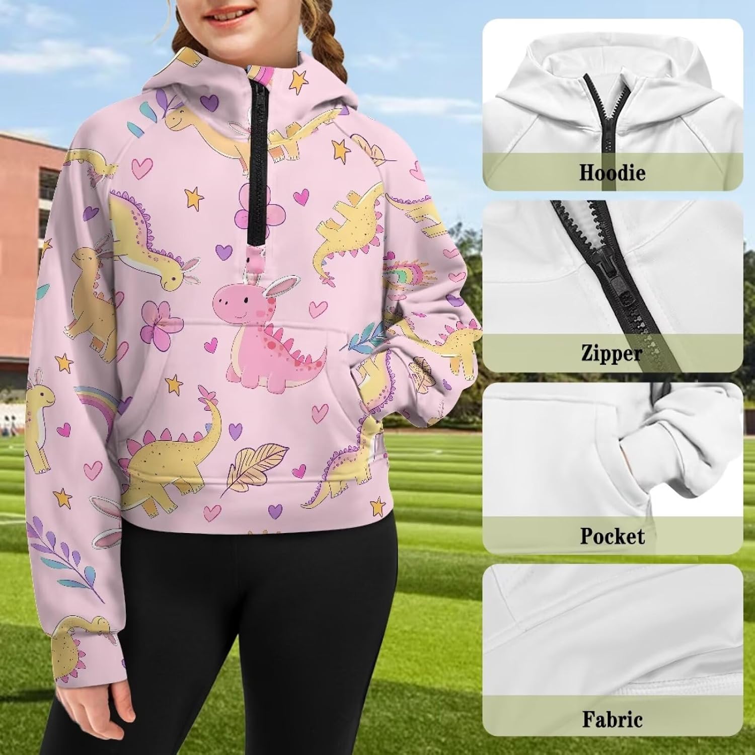 Uourmeti Girls Half Zip Up Sweatshirts Long Sleeve Drop Shoulder Cropped Hoodies with Pockets