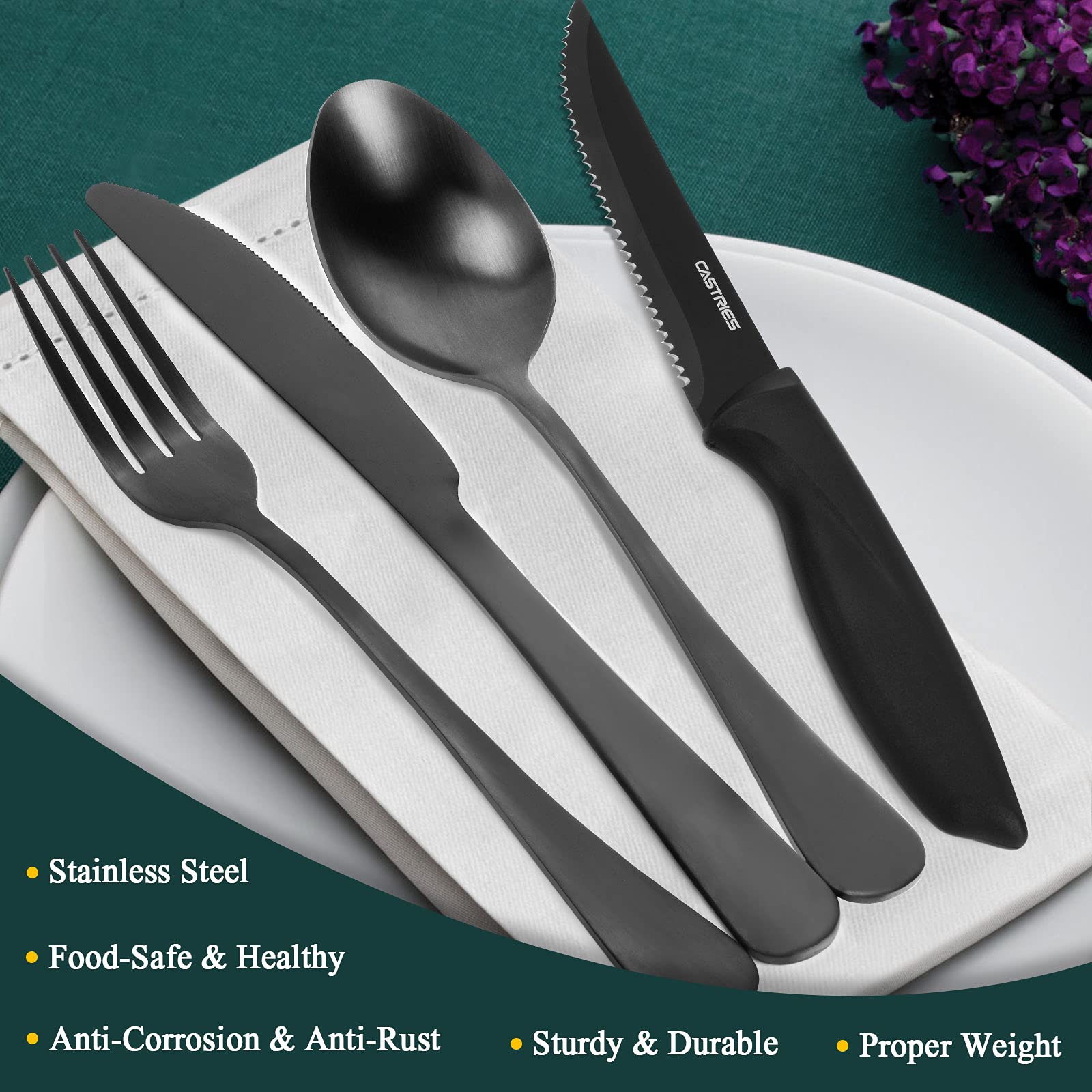Black Silverware Set, 24 Piece Matte Stainless Steel Silverware