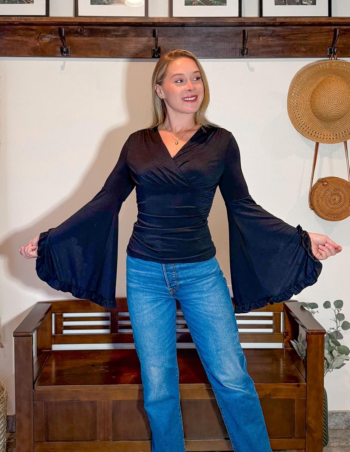 Scarlet Darkness Renaissance Shirt Women V Neck Long Bell Sleeve Wrap Casual Ruched Top - Image 4