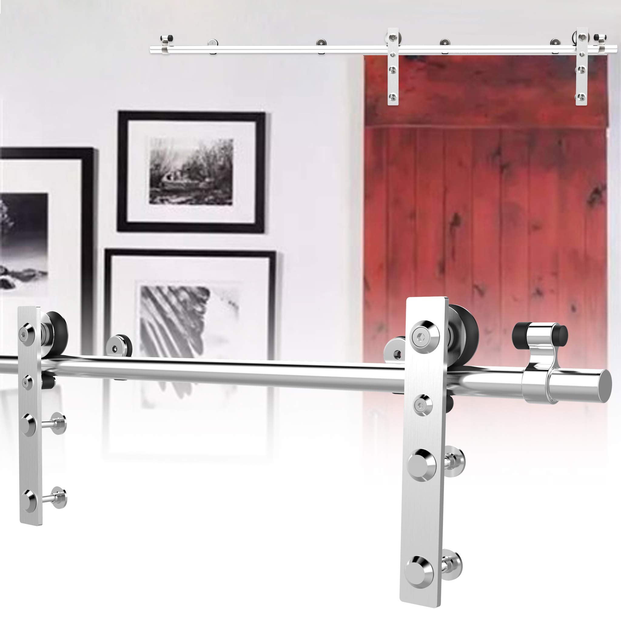 CCJH Kit Coulissant de Porte de Grange 183cm en Acier Inoxydable Système de Rail Coulissant Pour Porte en Bois Unique…