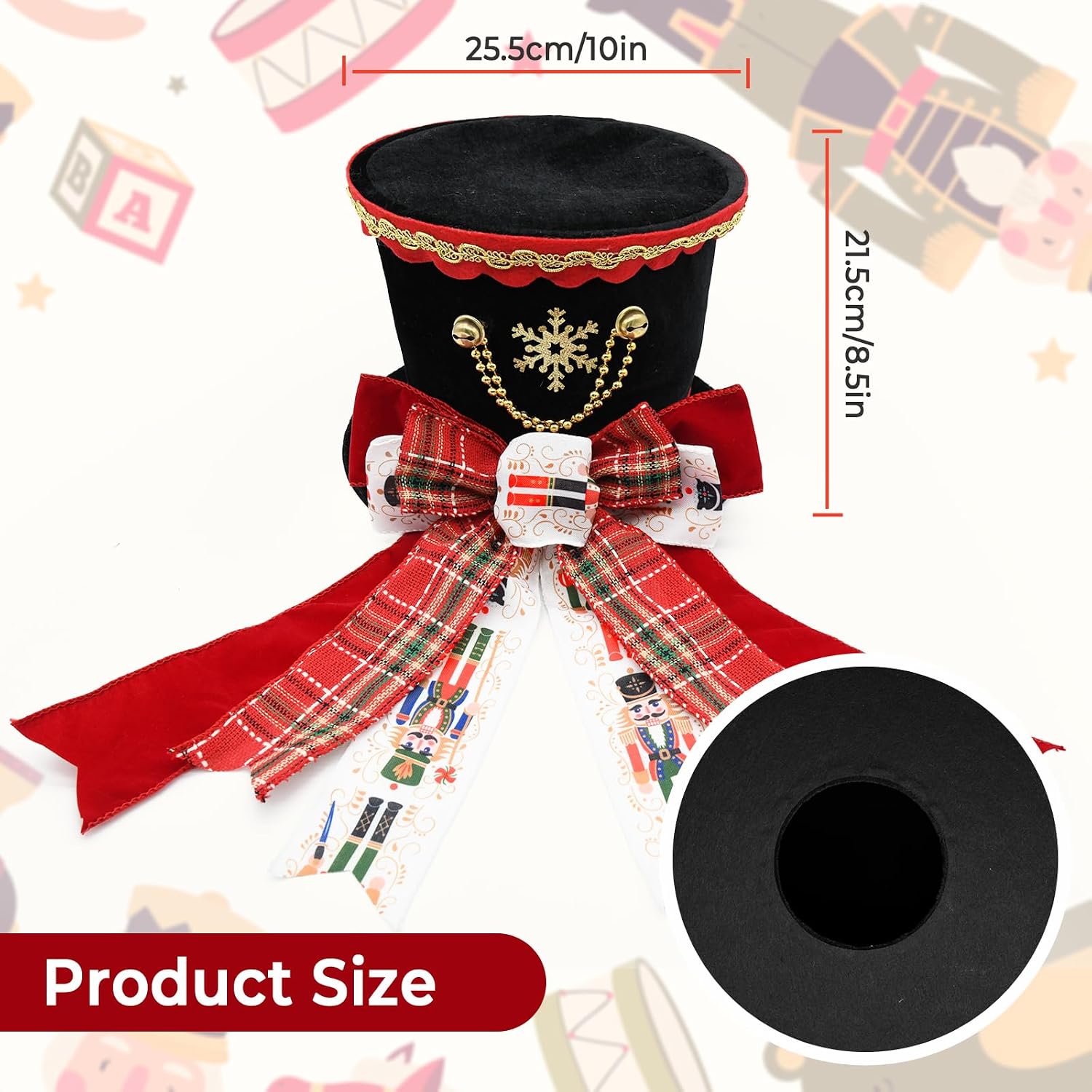 Nutcraker Christmas Tree Topper Hat,Large Top Hat Christmas Tree Topper with Buffalo Plaid Bow, Nutcracker Christmas Decorations Indoor for Winter Home Decor,Nutcracker Gift Box