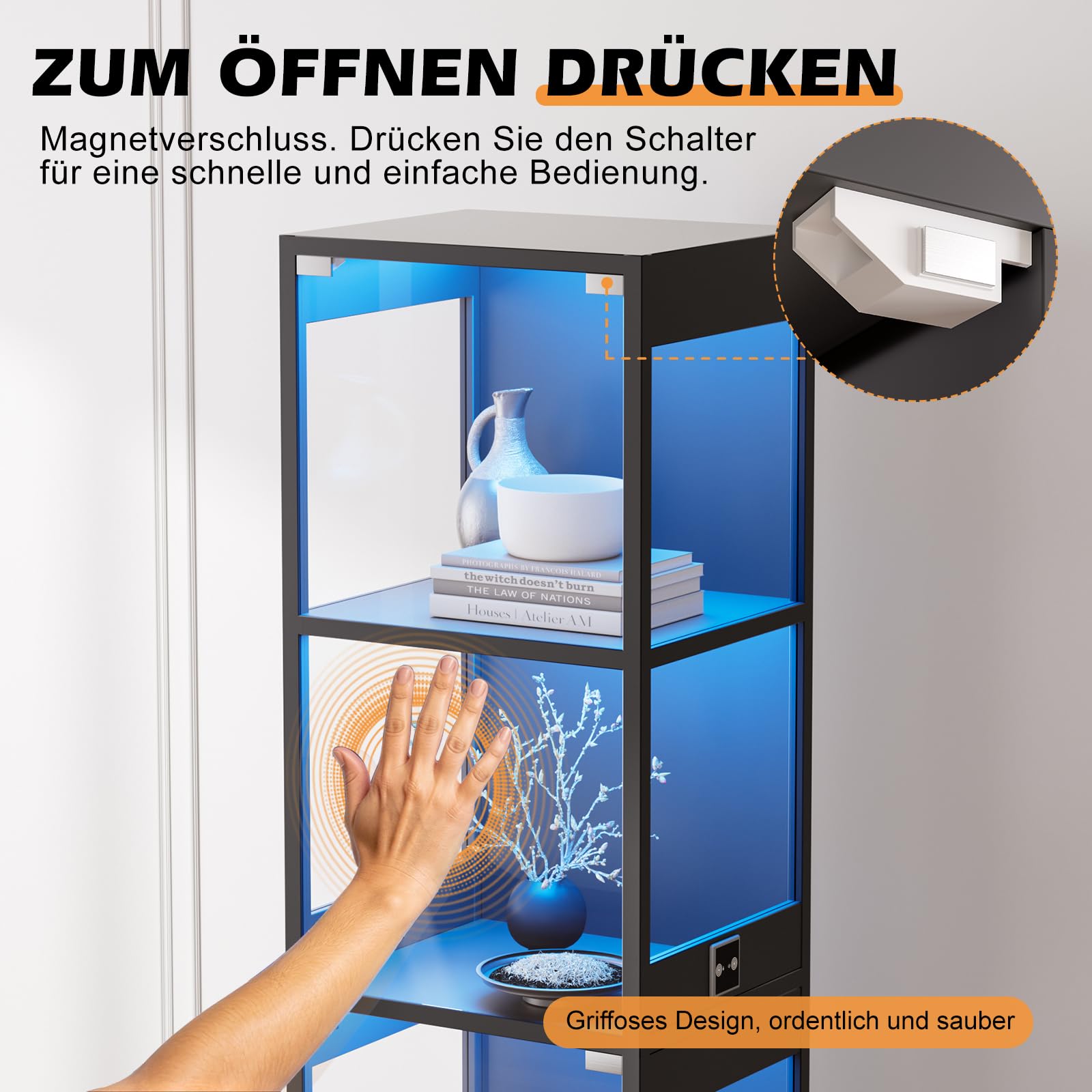 Vetrina in vetro con illuminazione a LED, vetrina con vetro temperato di sicurezza e chiusura magnetica, vetrina da collezione con sensore intelligente, 4 strati, antipolvere, per soggiorno, ufficio
