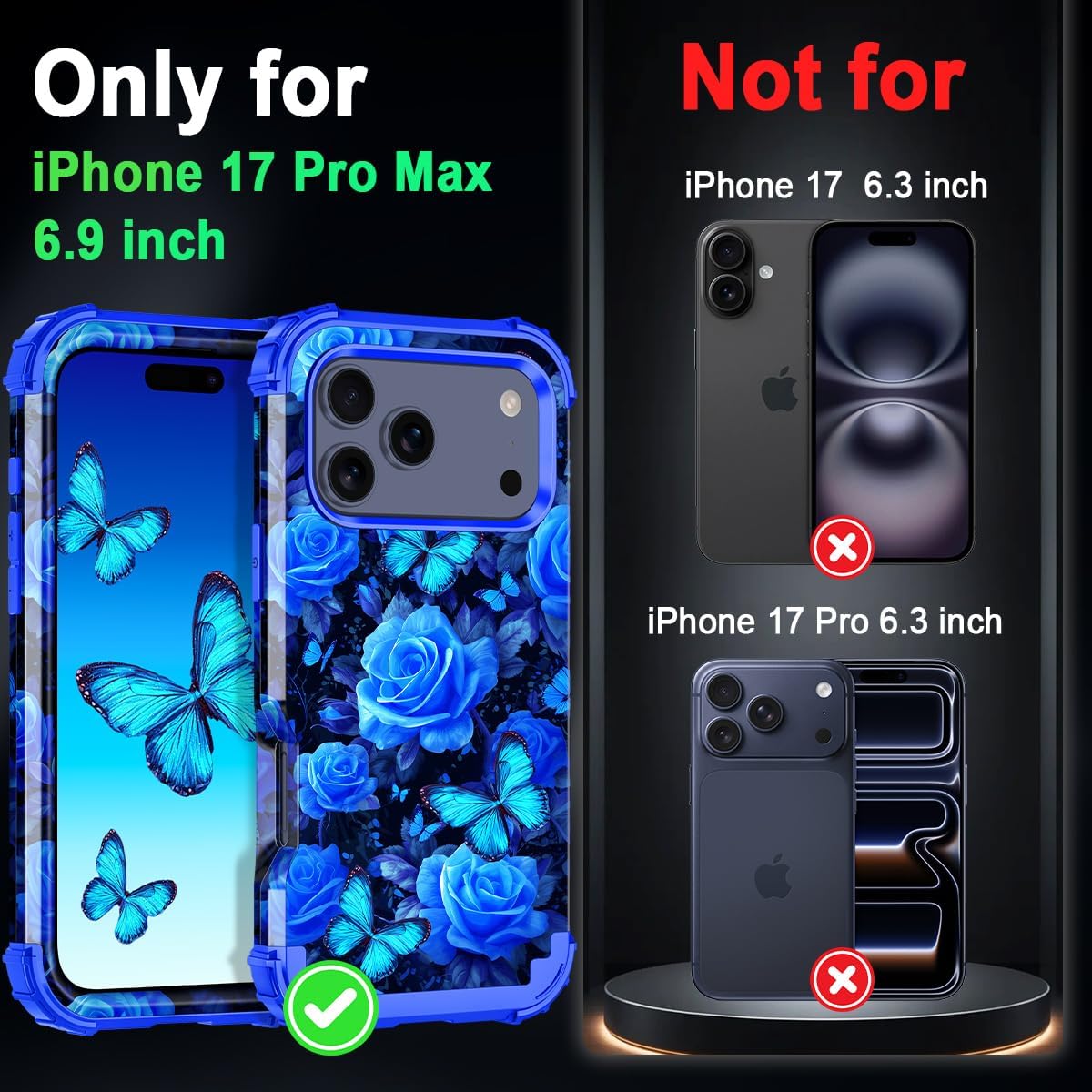  for iPhone 17 Pro Max Case,Glow in The Dark Three Layer Heavy Duty Shockproof Protection Hard Plastic Bumper+Soft Silicone Case for iPhone 17 Pro Max,Deep Blue Flower thumbnail