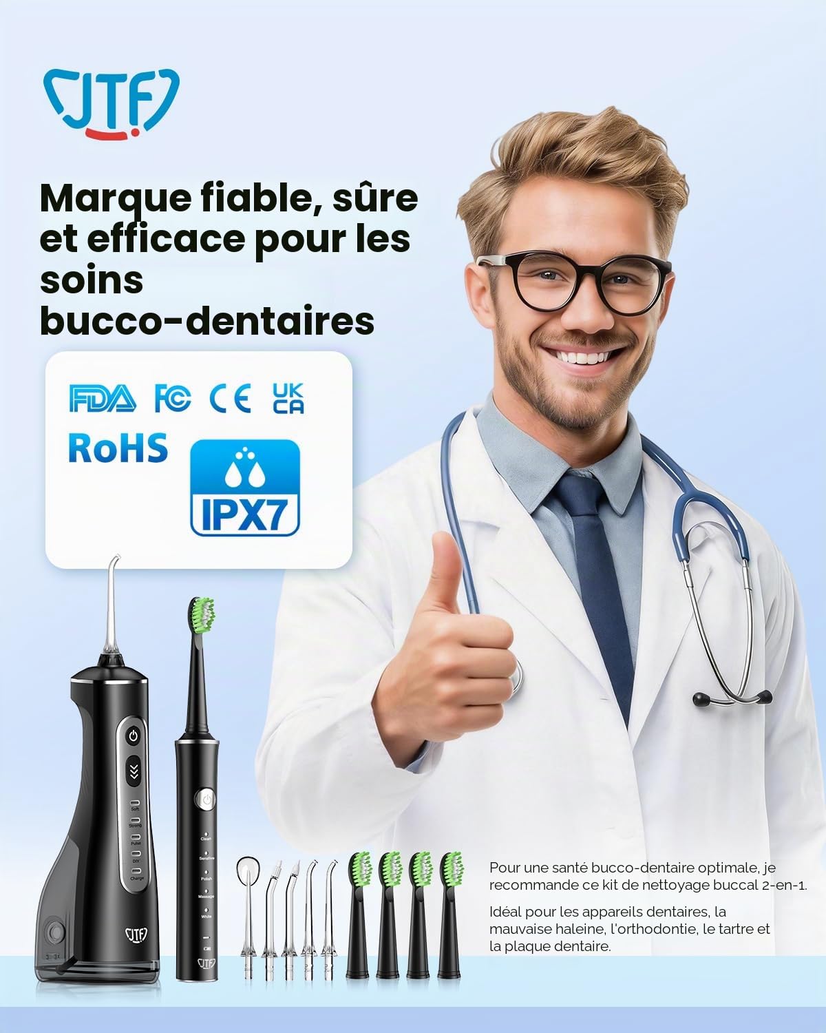 JTF Brosse à Dents Électrique et Hydropulseur Jet Dentaire 2-en-1 – Kit d’Hygiène Buccale Portable Nettoyage Efficace et Doux, Plusieurs Modes pour Appareils Dentaires et Gencives Sensibles, Sans Fil