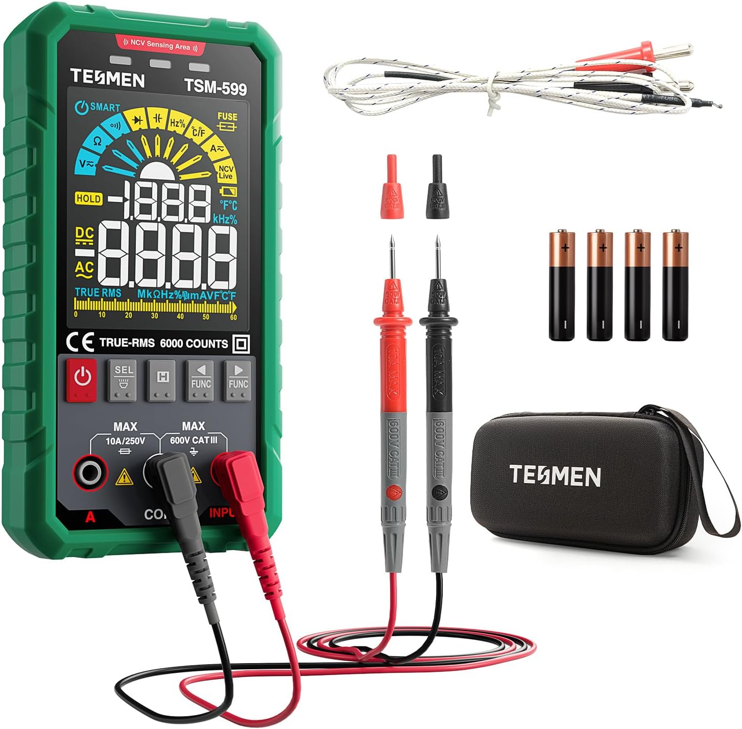 TESMEN TSM-599 Smart Digital Multimeter, TRMS 6000 Counts, Voltage Tester, Volt Meter with NCV, DC/AC Voltage&Current, Resistance, Continuity, Diode, Capacitance, Hz%, Temperature, Live Wire - Green