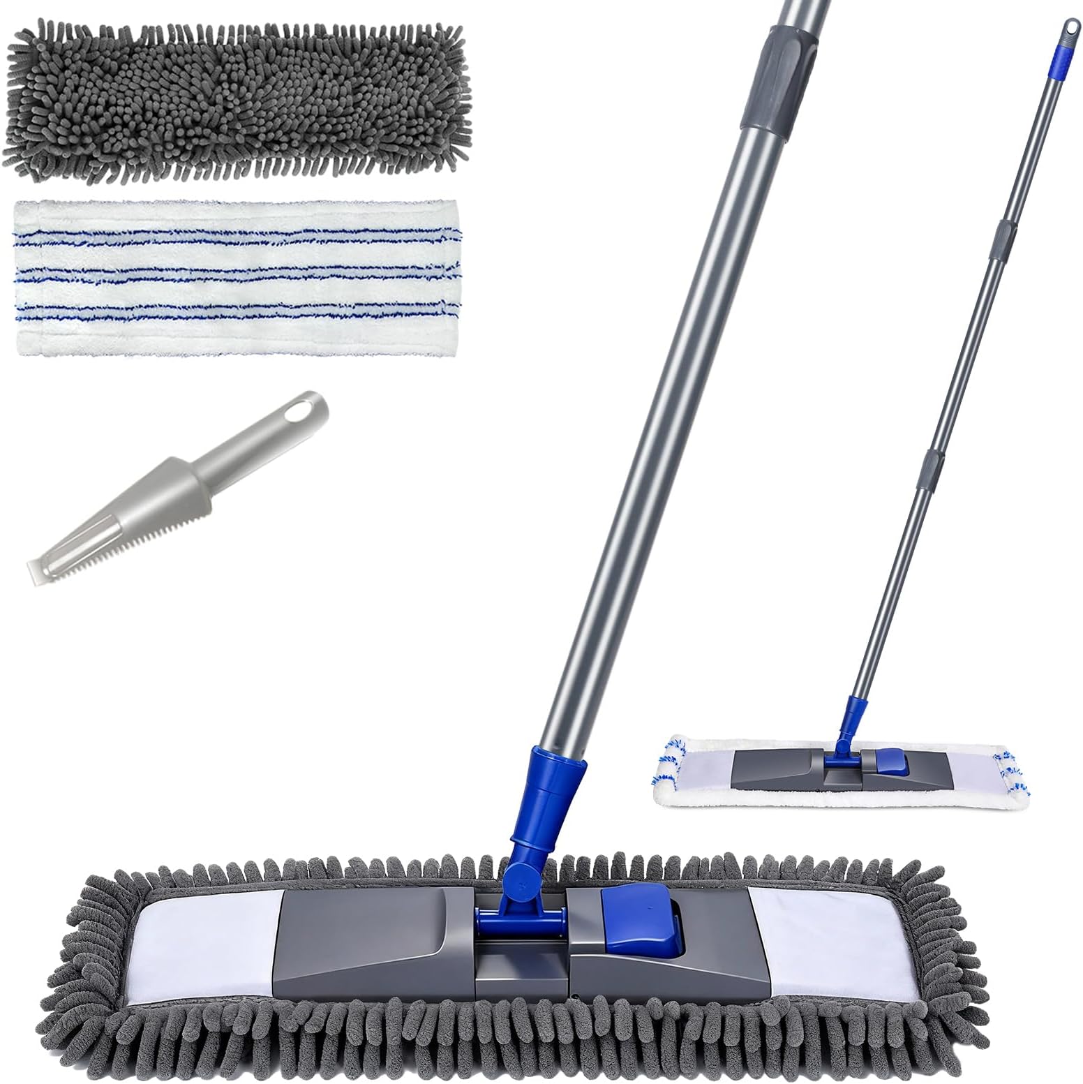 MASTERTOP Microfiber Mop for Floor Cleaning, Flat Dust Mop for Home and Kitchen, Adjustable Stainless Steel Handle with 2 Washable Pads&1 Cleaning Scrape for Hardwood, Vinyl