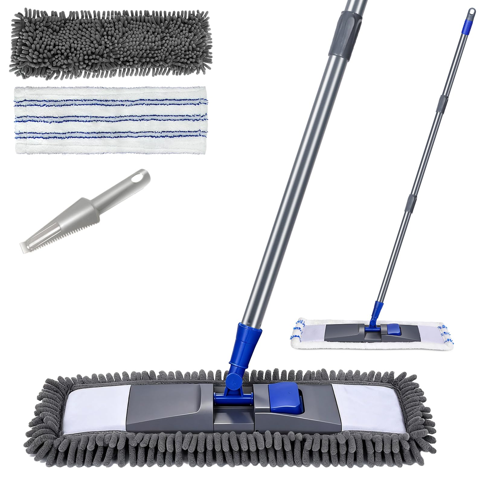 MASTERTOP Trapeador Profesional de Microfibra para Limpieza de Suelos, mopa húmeda y Seca con 4 Almohadillas Lavables reemplazables, Mango Extensible, mopa mágica para Madera Dura, Azulejos, Laminado | Mango ajustable de acero inoxidable con 2 almohadilla