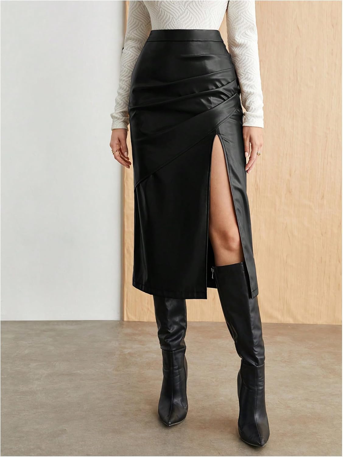 GORGLITTER Women's Leather Slit Bodycon Midi Skirts Y2k High Waisted Ruched Asymmetrical Trendy Pencil Maxi Skirt