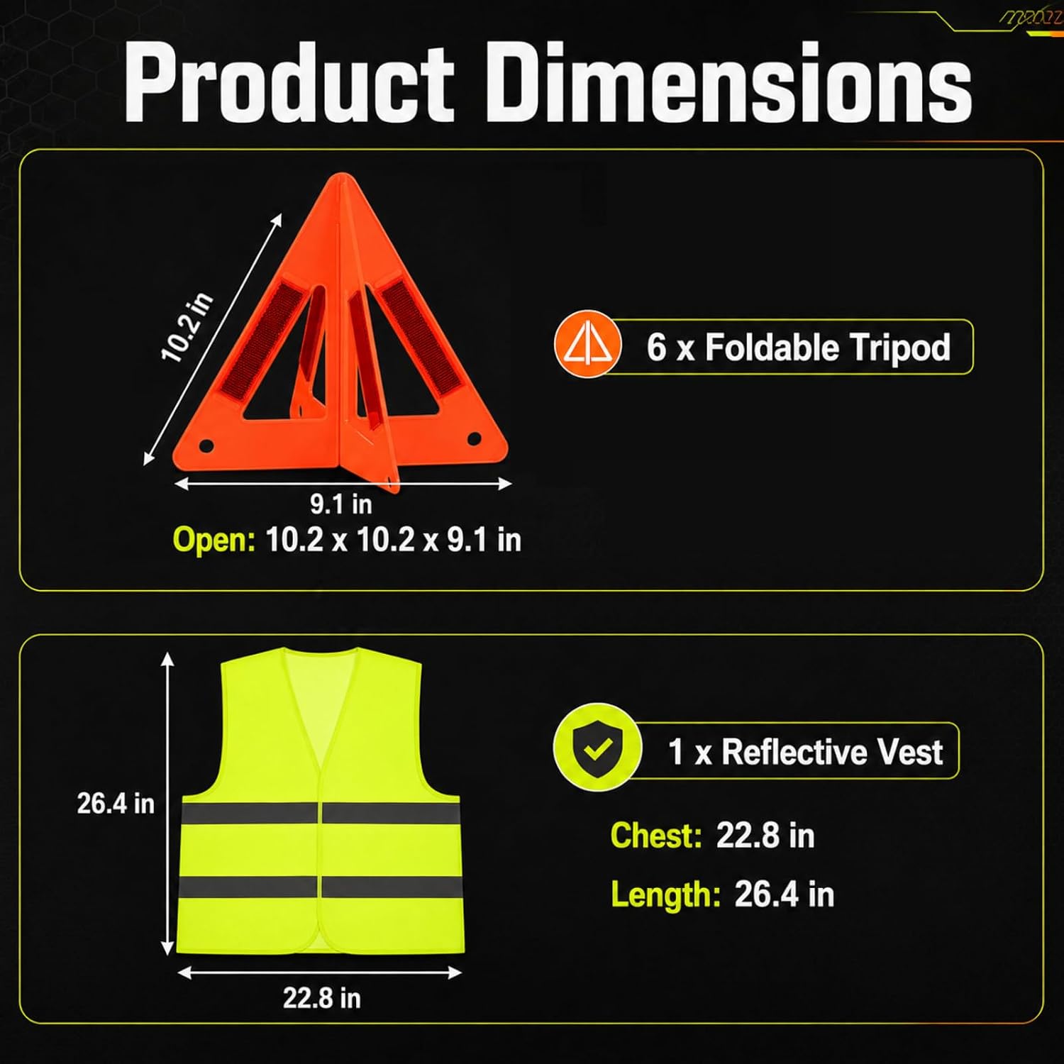 6 Pcs Safety Triangles for Vehicles, 10.2 x 9.1 in Emergency Warning Reflective Triangles with Reflective Vest, Foldable Roadside Safety Kit for Car, Truck