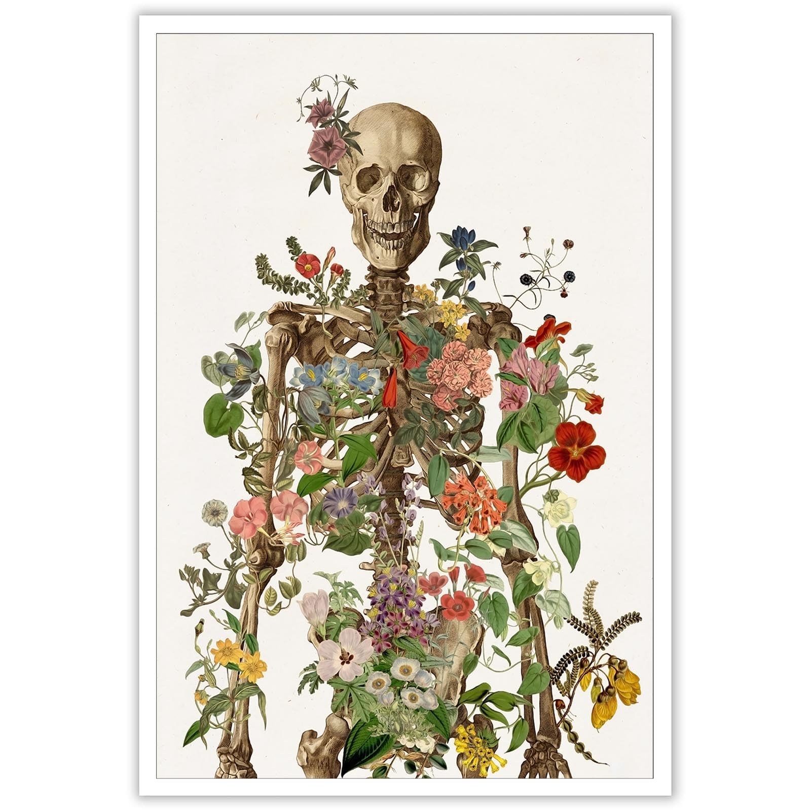 Dcvjiy Beige C Retro Flower Skeleton Poster, Medical Human Anatomy, Gothic, Scary, Romantic Art, Flowers, Plants, Doctor, Gift, Skeleton, Halloween Prints For Medicine, School, Office,