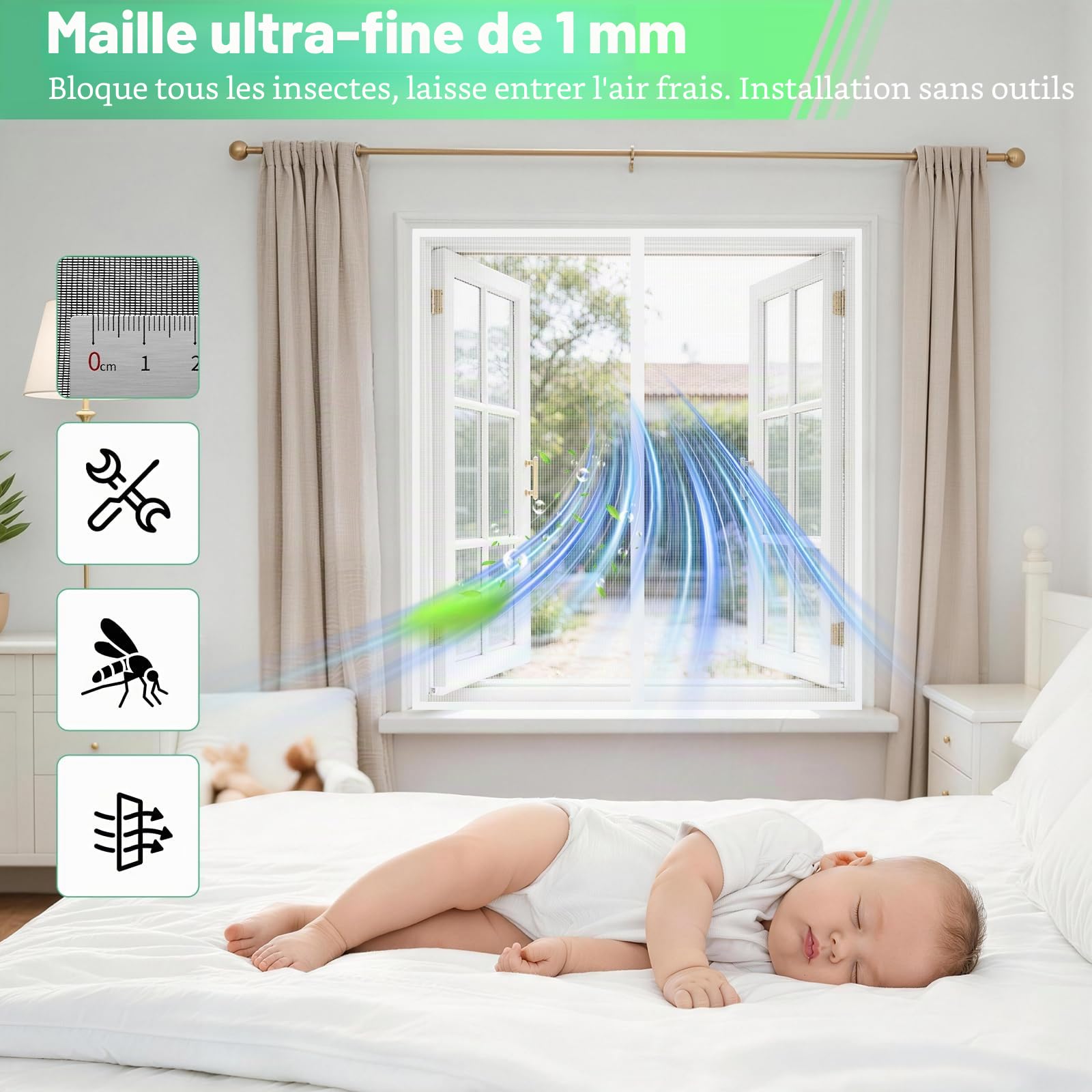 Moustiquaire Fenêtre Magnétique 60x70 cm, Rideau Anti-Moustique Blanc, Fermeture Automatique, Sans Perçage, Pour Fenêtres, Portes de Balcon, Chambre, Idéal pour Familles avec Enfants et Animaux