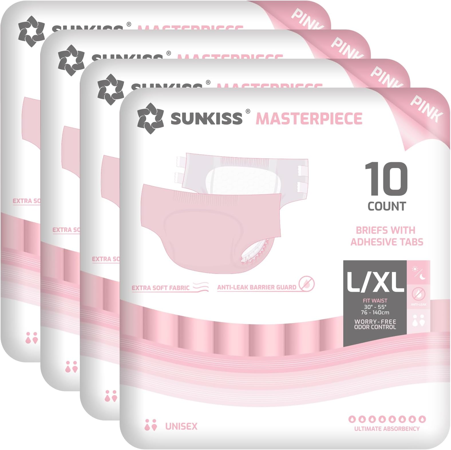 SUNKISS Masterpiece Adult Diapers with Ultimate Absorbency, Unisex Disposable Incontinence Briefs with Tabs for Women and Men, Odor Control, Pink, L/XL, 40 Count (4 Packs of 10)