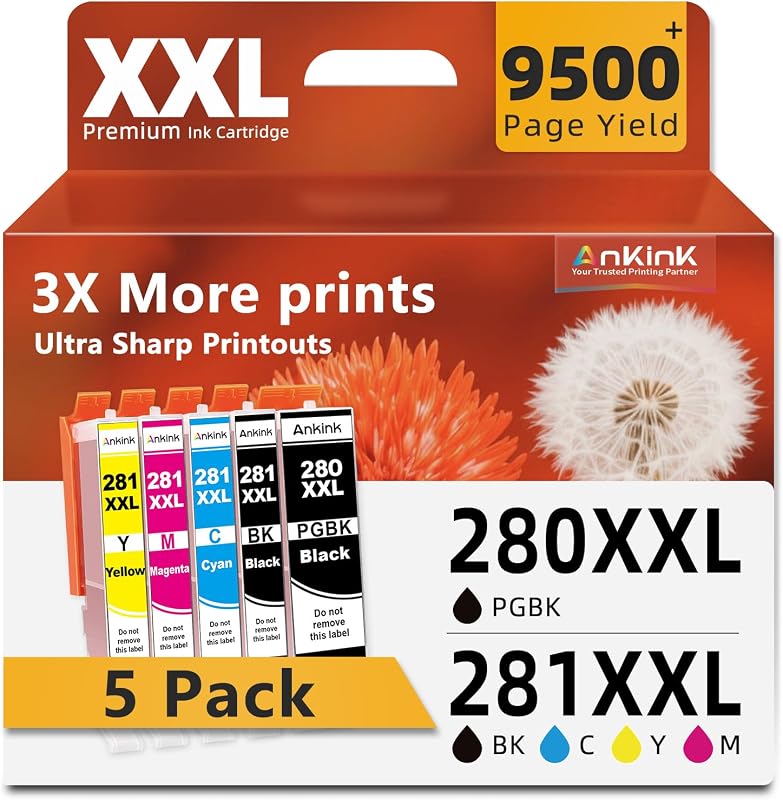 280XXL 281XXL Ink Cartridges Replacement for Canon 280 281 Ink Cartridges | PGI-280XXL CLI-281XXL for TR8620a TR8520 TR8620 TR8600 TR7520 TS6120 TS6220 TS9120 TS6320 TS9520 TS8200 TS9100 TR8500(5 Pack)