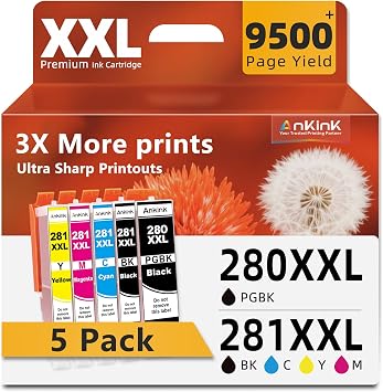 280XXL 281XXL Ink Cartridges Replacement for Canon 280 281 Ink Cartridges PGI-280XXL CLI-281XXL for TR8620a TR8520 TR8620 TR8600 TR7520 TS6120 TS6220 TS9120 TS6320 TS9520 5 Pack